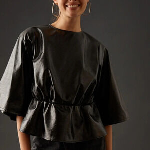 Anthropologie Stella Nova Celeste Faux Patent Leather Blouse Size 34 = XS